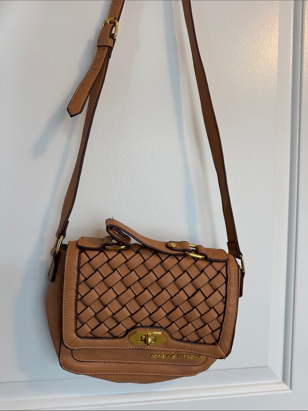 Adrienne Vittadini Tan Woven Leather Crossbody with Gold Hardware